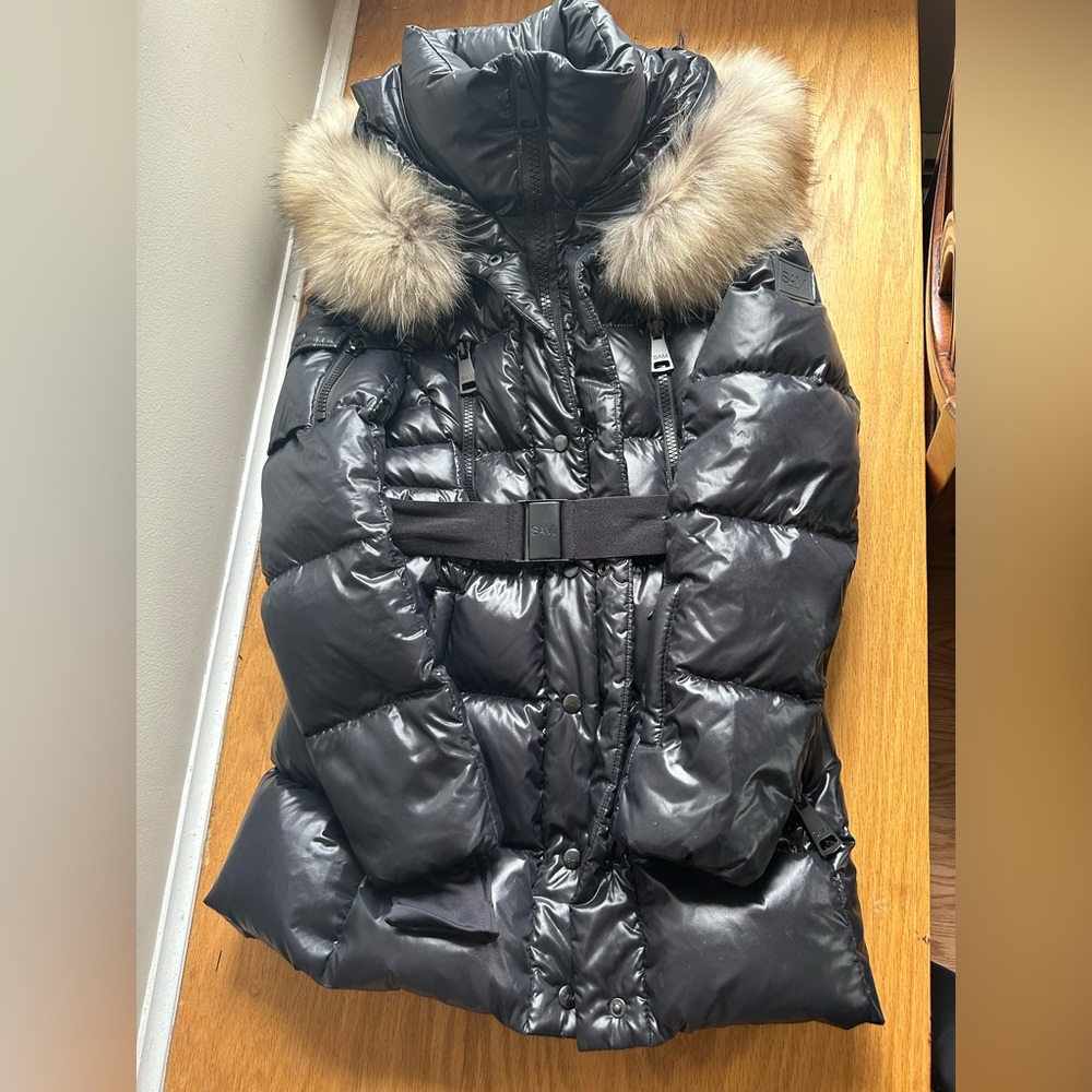 Sam Millennium Fox Fur-Trim Black Belted Down Puffer Jacket Size Xsmall